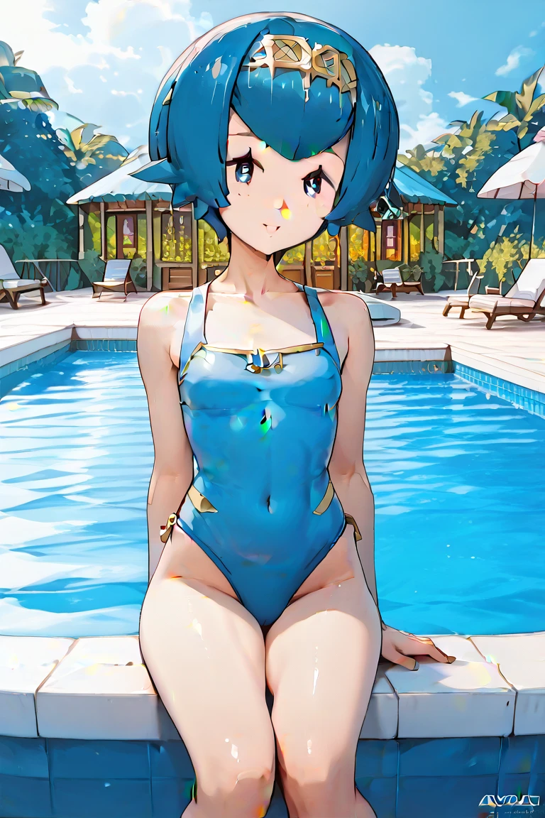 (best quality,4k,8k,highres,masterpiece:1.2),ultra-detailed,realistic,beautiful detailed eyes,beautiful detailed lips,extremely detailed eyes and face,longeyelashes,red swimsuit,light green hair, short hair,big eyes, blue eyes,red mecha headgear,small breasts,smiling,piscina,sharp focus,vivid colors, full body in frame