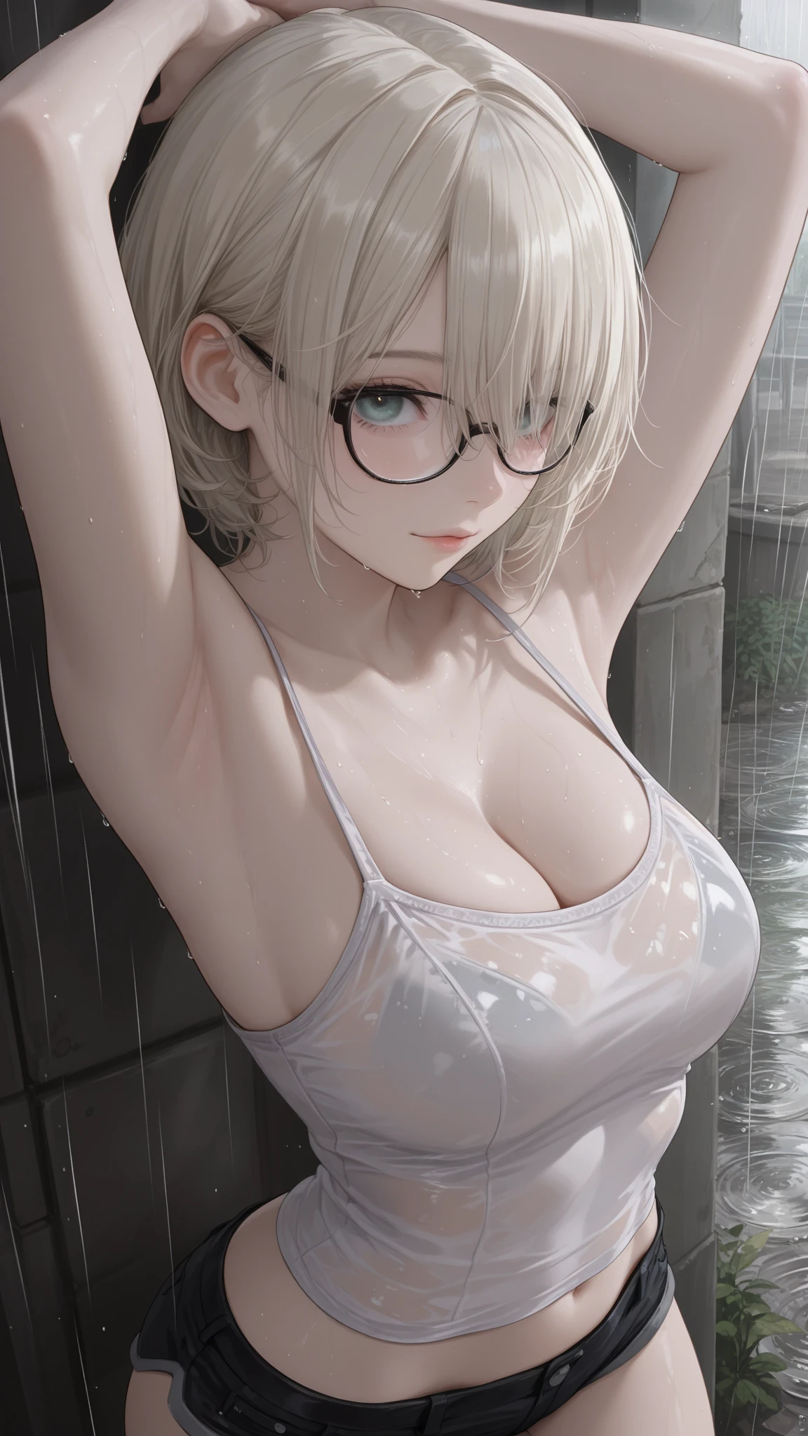 ((best quality)), ((masterpiece)), (detailed), perfect seductive face a beautiful white-toned girl with wet black and silver hair wearing glasses and tight golden clothes, blue eyes, glossy skin. detailed skin, pink lips with a tiara on her head, swimming in a pool