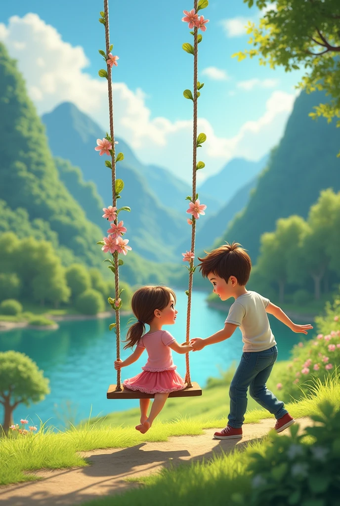 Boy and girl sitting under the bike under the waterfall