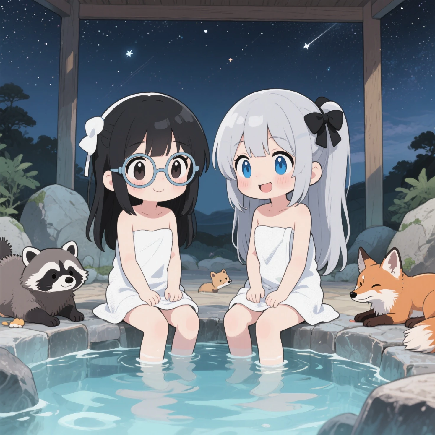 8K,超高分辨率,(tmasterpiece,best qualtiy:1.2),A high resolution,high detal,A petite girl,Cute anime girls,Black panda ears,White color hair,Heterochromic pupils,long whitr hair,pigtails,Laughing,Blush,Wearing a bathrobe,inside in room,common bathing pool,Sit next to the hot spring,The reveal panties,Open navel,Watermelon belly,upper legs,Feet soaked in water