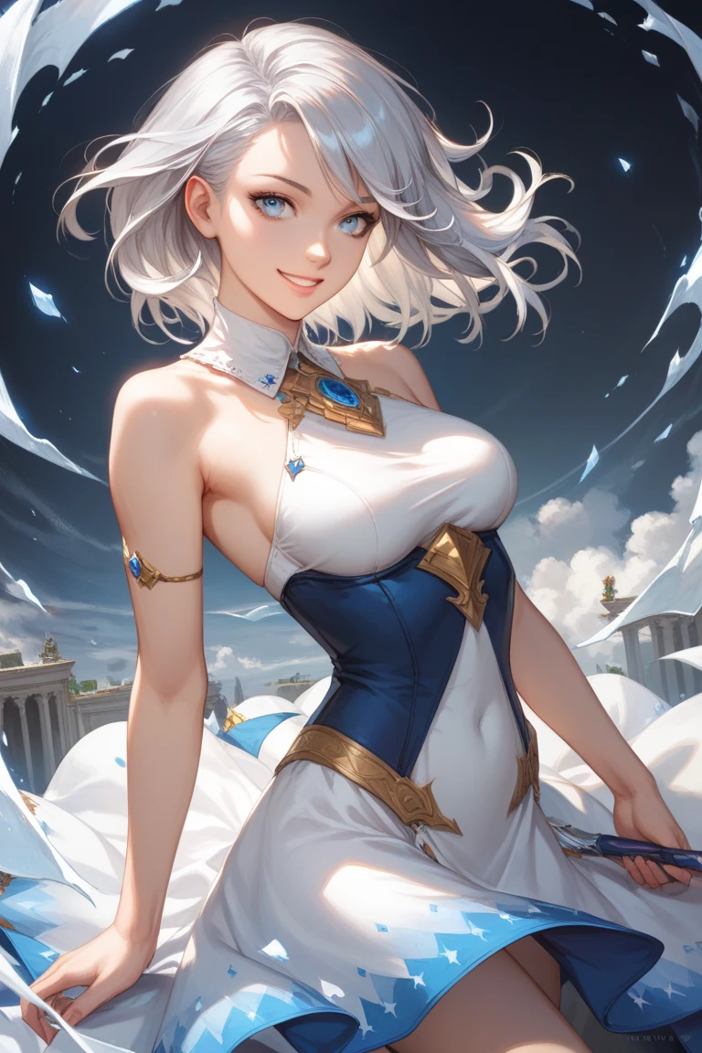 a woman with blue hair and a white dress is looking at the camera, artwork in the style of guweiz, stunning anime face portrait, guweiz, beautiful anime portrait, by Yanjun Cheng, inspired by Yanjun Cheng, detailed digital anime art, smooth anime cg art, fanart best artstation, guweiz on pixiv artstation