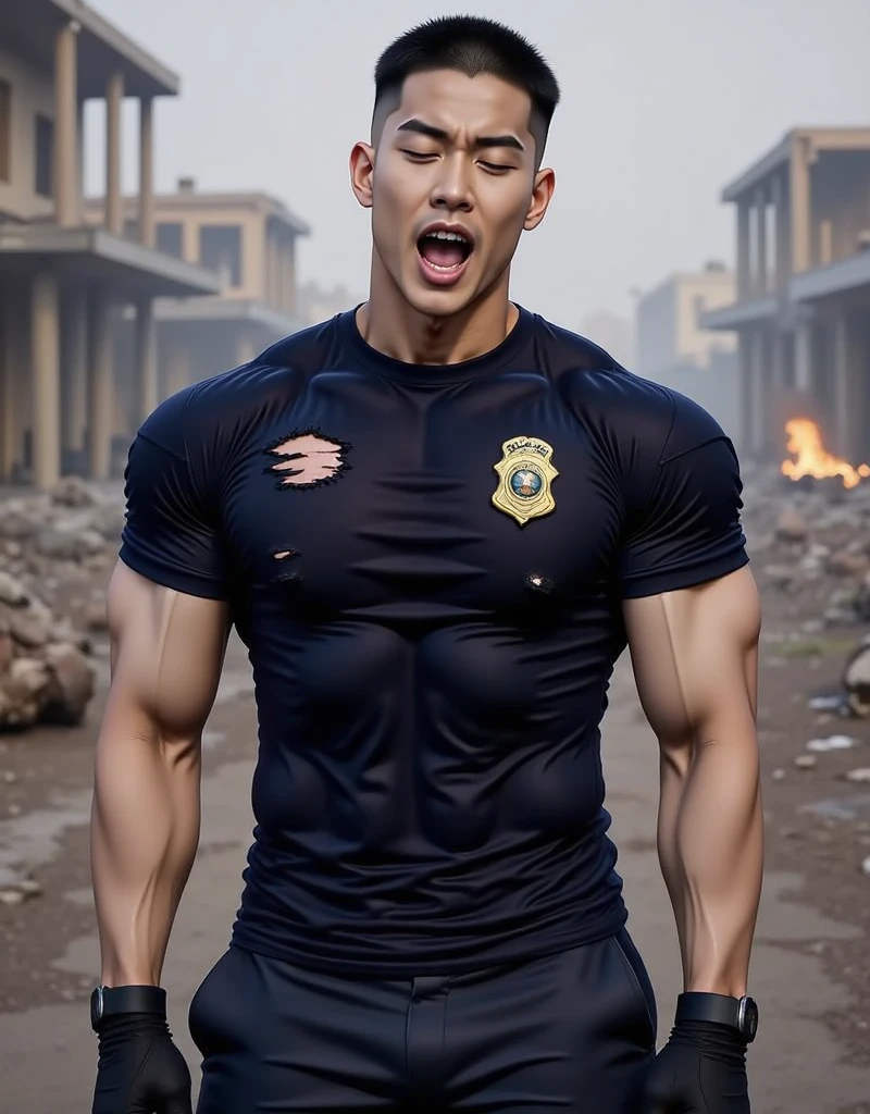 top-quality、masterpiece、超A high resolution、(realisitic:1.4)、详细的脸、独奏、1human male、Dark hair、glistning skin、dense skin、(asian human)、architectural、(absurderes、hight resolution、ultra-detailliert)、、1 male、Adults、(20-year-old man)、a handsome、tall muscular man、broad shoulder、extra very short hair、angular jaws、thick neck、thick eyebrow、extra very short hair、A dark-haired、fine eyes and detailed face、 Highly detailed CG Unity 8K wallpapers、intricate-detail、(Style Swirl Magic:0.7)、looking at the spectator、独奏、(full body Esbian:0.6)、细致背景、A detailed face、dynamicposes、、Urban background、dynamic compositions、 big muscle、a handsome、 ((masutepiece:1.4, Best Quality)), ((masutepiece, Best Quality)), (photographrealistic:1.4)、(((Dressed as a firefighter)))、M-shaped legs, Pubic hair, Open legs, , Abs, ((Erection 1.2)), (Moccoli: 1.4), (Manly chest plate)), Sweating, (He is wet, Wet 1.2),, (Slipping thin underwear, Wet and beautiful 1.4)), Blood vessels in the arm、、Chinese Bishonen、firefighter、white glove、black cargo trousers、Orange jacket coat,natta、Fire scene、firefighter、Rescue Team、having clothes are worn、Baseball Cap, Cropped jacket, Black Gloves, Belt bag, Cowboy Shot,Background of the accident,loimu