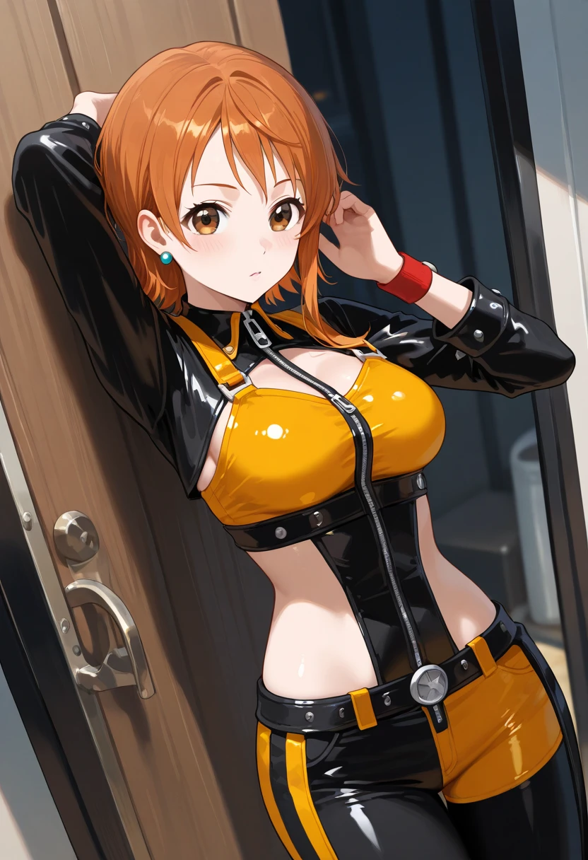 garage bike, yawning face, hand on head, standing, 40k, photography, masterpiece, best quality, (Riko), medium breasts, (naked black lether waistcoat), varied poses