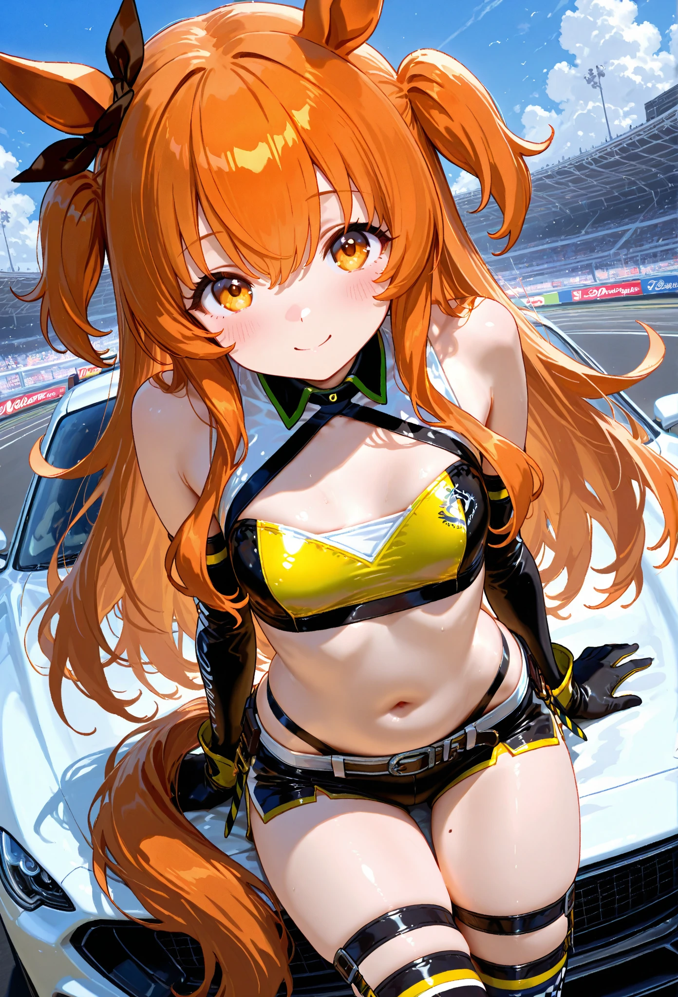 hiten kei style, claude monet, oil painting, (masterpiece, top quality, race queen, street lamp, park, outdoors, solo, detailed nipples, best quality, pendant necklace, official art, beautiful and aesthetic:1.2), (1girl), extreme detailed, colorful, highest detailed, arm band, orange hair, standing, official art, bangs, unity 8k wallpaper, ultra detailed, sports car, beautiful and aesthetic, beautiful, masterpiece, best quality, glitter drawing, necklace, aqua eyes, topless, nipples, stomach, sleeveless, bare shoulder, race queen skirt, visor hat, smiling, medium breasts, huge nipples, outdoors, rib bones, low ponytail, gold bracelet, umbrella, open mouth, laughing, orange hair, navel, slim body, legs