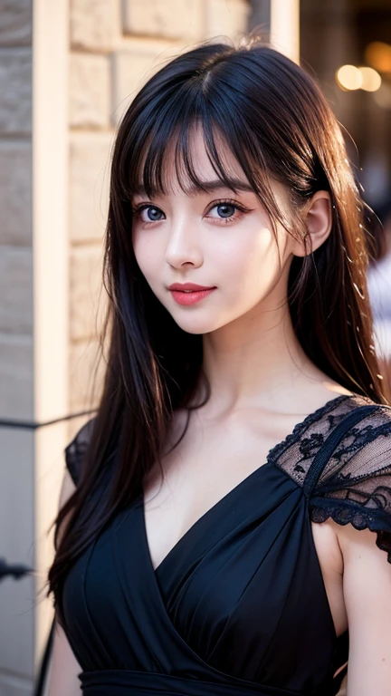 (best quality,8k,High resolution,masterpiece:1.2),Digital artwork,an elegant girl,Adult women,Thirty years,portrait,Detailed face,delicate eyes,long curly hair,side swept bangs,blue eyes,red lips,Suspenders,Sheer dress,see through dress,8k分辨率,High-quality CG,fair
