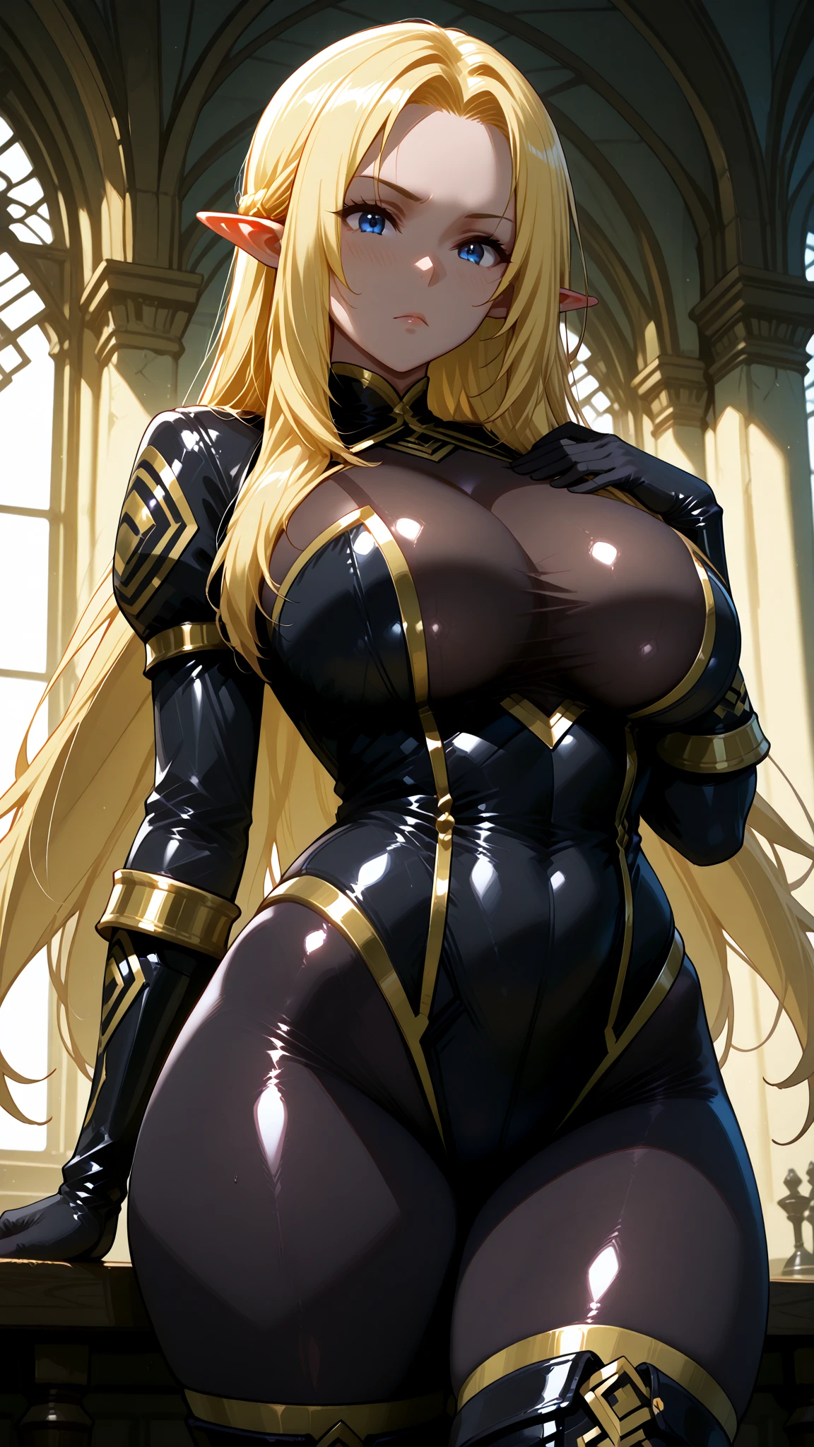 ((4k)),((masterpiece)),(best quality),((ultra detailed)), ((beautiful blurry background)), ((cinematic lighting)), depth of field, (dynamic angle),((beautiful detailed eyes), pretty face, large , ((cleavage)), black bodysuite ,best quality, masterpiece, 1girl, ultra detailed,detailed face, 8k wallpaper, (wide hips:1.2), AlphaNDV, 1girl, blonde hair, blue eyes,  very long hair, elf, pointy ears, huge breasts, smile, full body visible, head completely visible