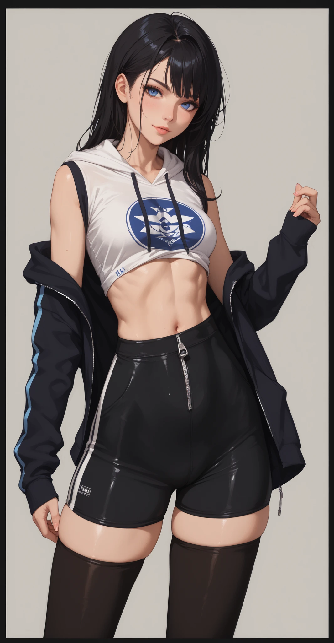 master part, 1girl, Shapely,(Olhos azuis bonitos e detalhados:1.1), cabelos longos, (cabelos prateados:0.70, cabelos azuis:0.30, Dois tons_Hair), corpo inteiro ,De baixo tiro, legging pants, sports bra, Camisa alta, Peito Inferior, camisa branca,