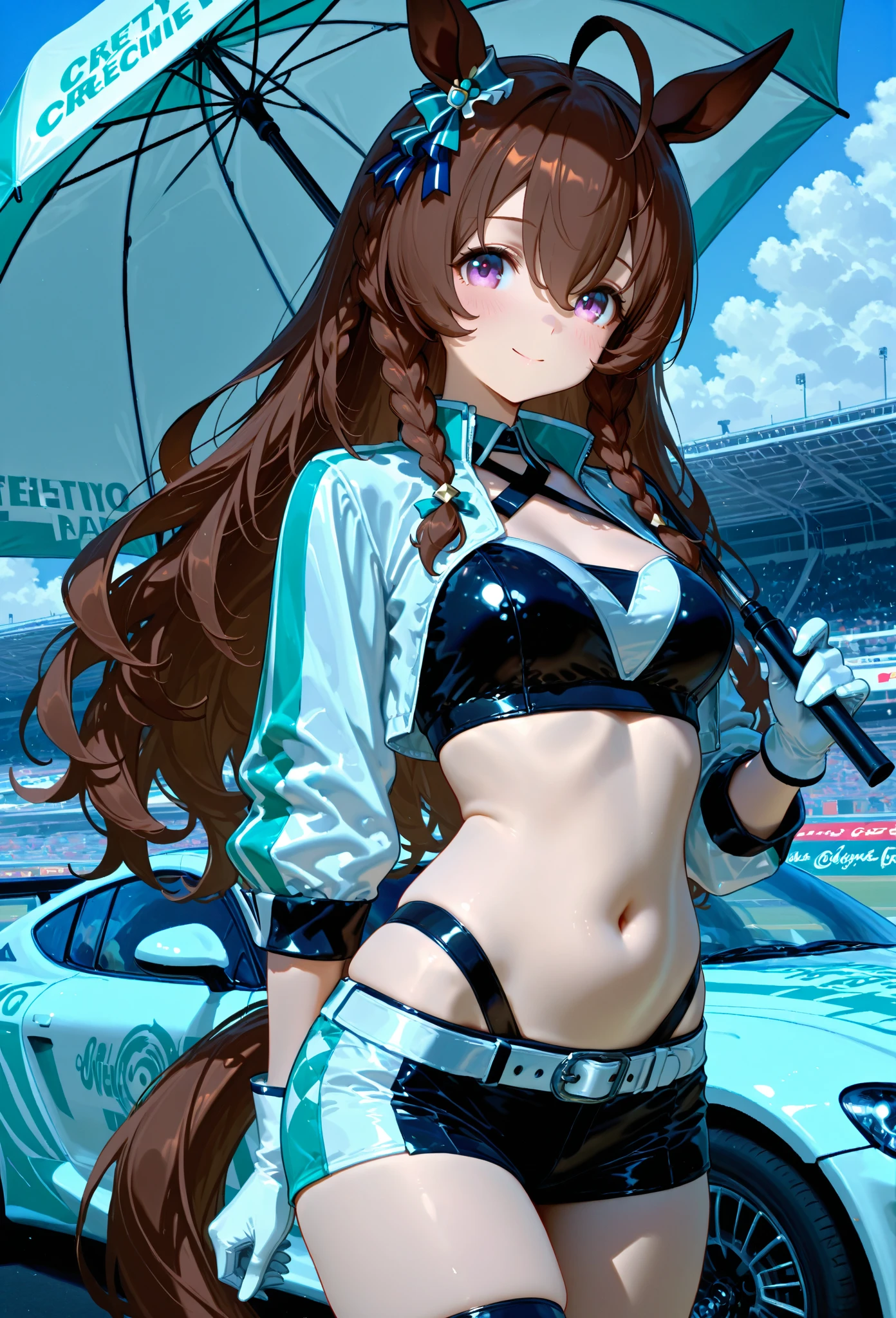 (((masterpiece, Highest quality, High resolution, 超High resolution, Perfect Pixel, Depth of written boundary, 4K, RTTX 10.0))), Beautiful Anime Woman, Beautiful art style, Anime characters, ((Smooth texture, Realistic texture, Anime CG Style)), Exact finger count、Exact number of legs、(Exact number of arms:1.0, Exact number of hands:1.0), (Perfect hands, Perfect Anatomy), Cinematic, Realistic, Extremely detailed CG, Daytime lighting, Perfect lighting, Best Shadow, The best natural light, whole body, Perfect body, バランのとれたPerfect body, Perfectly balanced style, Slender body, ((Long Hair, bangs, Reddish brown hair, Stylish hairstyle)), ((A cute woman is walking sexy:1.8)), ((Bow tie around neck:1.3), (Black high heels:1.2), (Sexy and cute light blue underwear:1.3), (Stylish shiny light blue satin panties, Side-tie panties, The panties are plain light blue in the center with lace decoration on the sides.:1.3), (Thin panties:1.3), (Light blue micro lace satin bra, Light blue bra with lace trim, Thin bra:1.3), (garter belt, Black knee socks:1.3):1.3), (Beautiful big , Cleavage:1.1), (Embarrassed expression:1.5), (blush:1.2), (Daytime circuit, Spectators at the circuit, car race, Racing car behind:1.8), naked, In underwear, Promotional model for underwear, Grid girl in underwear, whole body, Angle from the front, chizuru