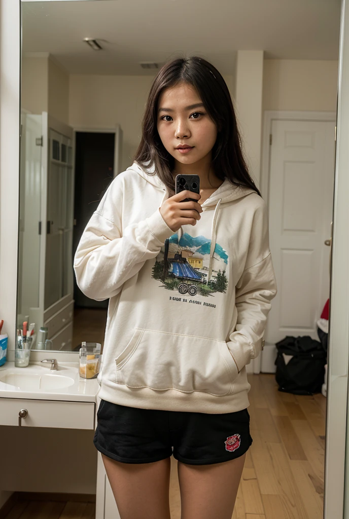 (((Sit with your feet aligned on the toilet bowl:1.8, Panties should be lowered to the knee position:1.8, The lower part of the body is bare:1.8, Sweatshirt:1.5))), ((Toilet in a private room:1.5)), 1girl in, 独奏, 18year old, 7headed body, Ideal ratio body proportions, erectile nipple, short-hair, A dark-haired, With bangs, small tits, A slender, Small buttocks, beauty legs, Skinny Legs, surrealism, Cinematic lighting, depth of fields, One-person viewpoint, F/1.8, 135 mm, nffsw, masutepiece, ccurate, ((Anatomically correct:1.3)), Textured skin, Super Detail, high details, High quality, awardwinning, Best Quality, hight resolution, 8K