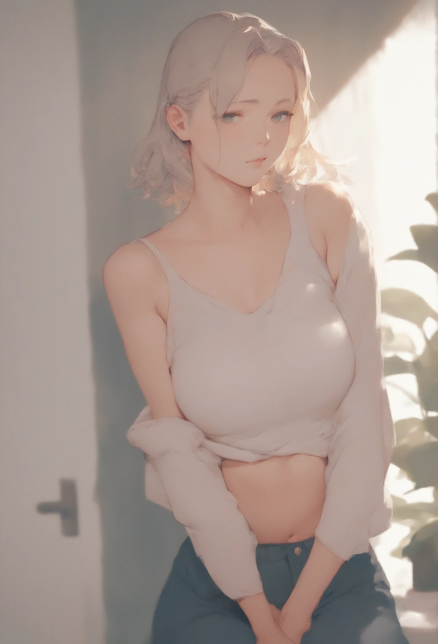 Under boobs,(masutepiece), Best Quality, Extremely detailed, bloom, Delicate and beautiful, Illustration, (From below),(1girl in:1.4), (Solo:1.2), Large breasts, (Ribbed white sweater:1.3), off-the-shoulder white sweater, (Short shorts:1.2), Bare shoulders, (underboob:1.5), ((Dark skin:0.8)), Beautiful eyes, (disheveled hair ), modeled, over-the-shoulder shot, Professional, Canon Camera, Nikon Camera, sharp, Bokeh, Studio Quality, fish-eye lens,