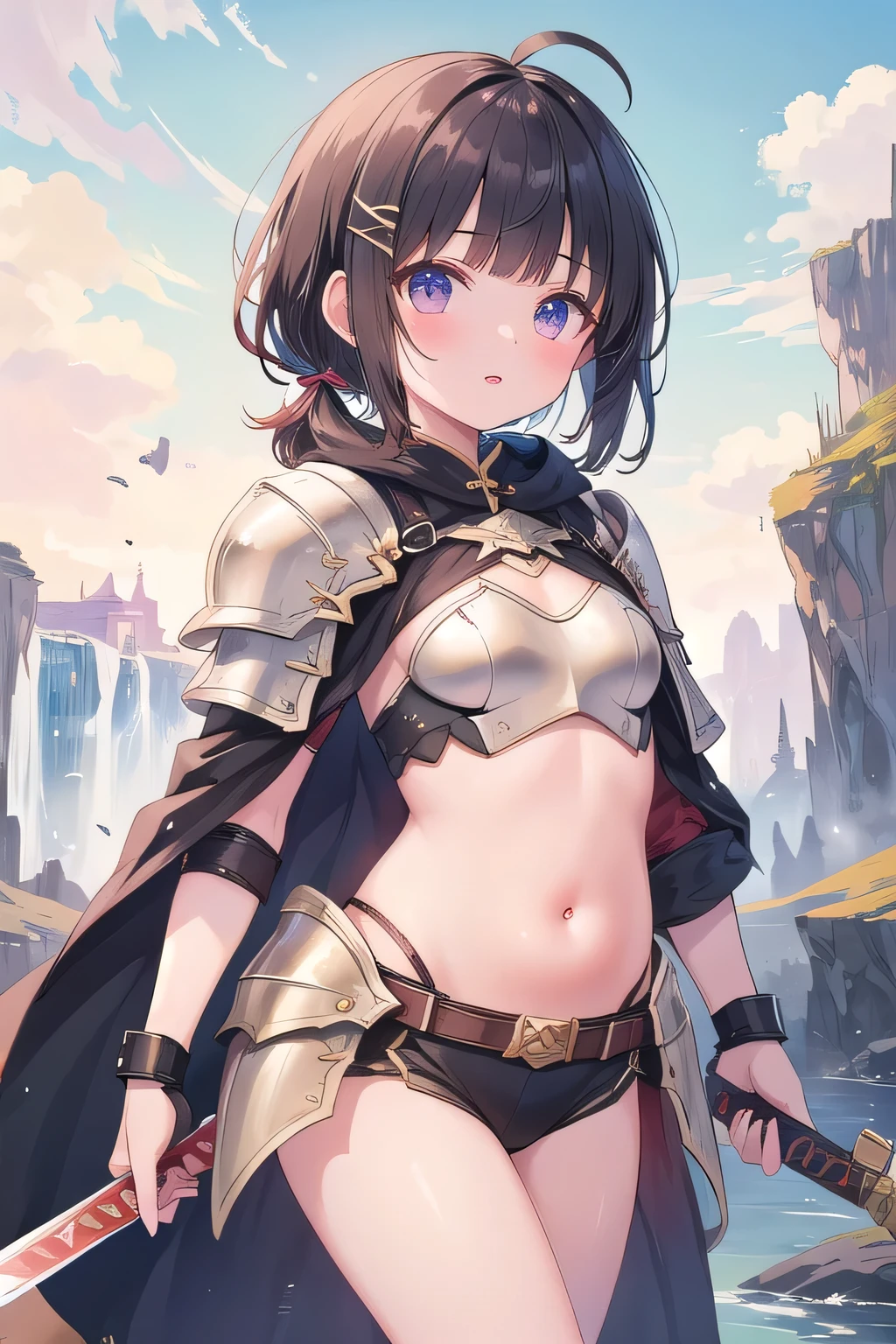 (masterpiece:1.2), (highest quality:1.2), perfect eyes, perfect face, perfect lighting, desert, (((white bikini armor))), nsfw, , 1girl, Black Hair, white eye, blunt bangs, short hair , Ahoge ,looking at the viewer, (fang), open mouth, ((((disdain)))), Large size, abs,((grin)), (((Small breasts))), Holding a sword, a round shield, dynamic pose