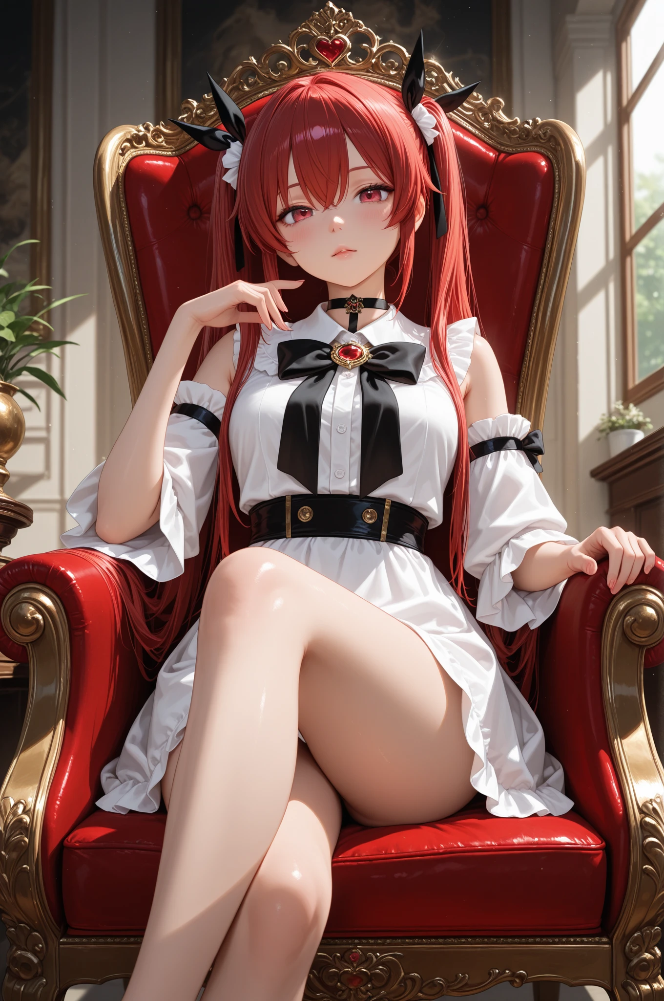 masterpiece, best quality, 1girl, red hair, long hair, golden eyes, white summer dress, black strappy high heels, in the hotel lobby