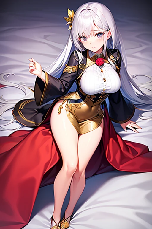 1girl, white hair, large breasts, thick thighs, leotard, knife, red eyes, black leotard, epaulettes, mature female, milf, toned, athletic female, standing