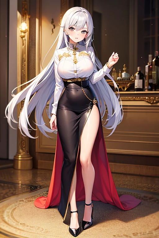 A large amount of transparent liquid spills,((wavy white hair):1.3,beautiful eyes,perfect proportions,eyes are very bright,necklace,earring,Pink and moist lips,Face is perfectly illuminated,),1 Busty beauty,Detailed European-style palace hall,squat on the ground,,A large amount of transparent liquid spills,hair shiny,halo,Black silk long dress,Elegant and beautiful hairpins,White wavy curls,Bare legs and high heels,reasonable action,((8k,masterpiece,realistically),(Ultra-detailed,Ultra-clear,Nature,full body picture),Huge cleavage,Heavy breasts,Very soft and ass,thin legs,stretch the meat,Fair and hydrated skin。a large amount of fluid is overflowing