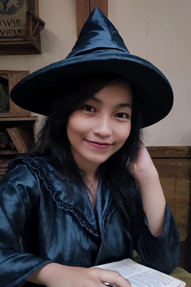 a beautiful girl, perfect face, arms at sides, masterpiece, ultra high res, high quality, 4k, upper body:1.5, lisa (genshin impact), urple witch hat, green eyes, brown hair, (PureErosFace_V1:0.008), (european:1.6), bangs, dress, rose, jewelry, witch, capelet, purple headwear, black gloves, purple flower, hair between eyes, purple rose, parted lips, purple capelet, hat flower, multicolored dress, hair ornament, windmill, from side, big breasts and slender body