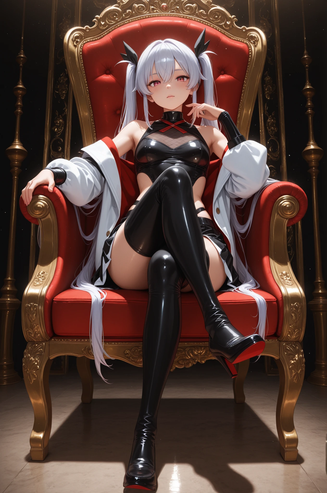(Extremely delicate, masutepiece, Excellent light and shadow, 8K Hd wallpaper), white hair, Crimson eyes, A slender,qipao dress ,Luxurious chairs ,cross one's legs, de pele branca,Cheek cane,Sluggishness,crescent