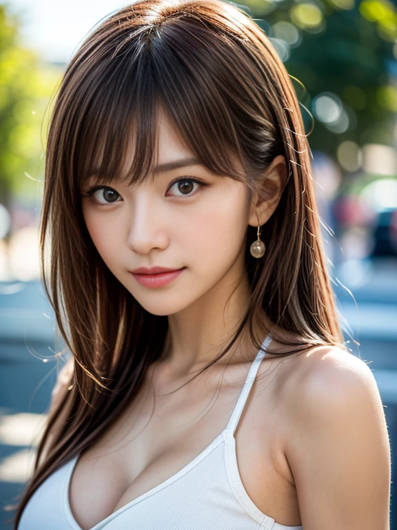 最high quality, masterpiece, High resolution, clavicle,Realistic, Real People, (Skin with attention to detail: 1.4), SLR, Soft Light, high quality, photograph, High resolution, Background blur, Vintage street style olive ash hair with bangs natural makeup 