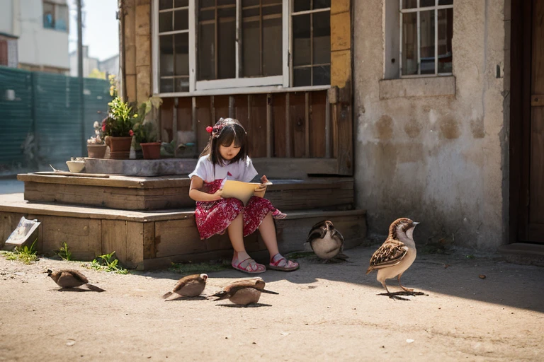 The little girl with long hair hides under the tree to enjoy the cool and happily plays with the sparrows