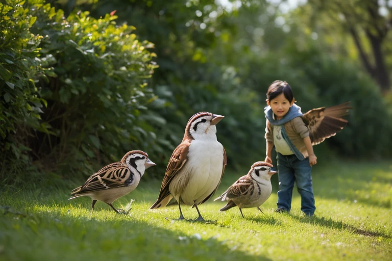 RAW photo Parents have fun with their children on a square with many pigeons