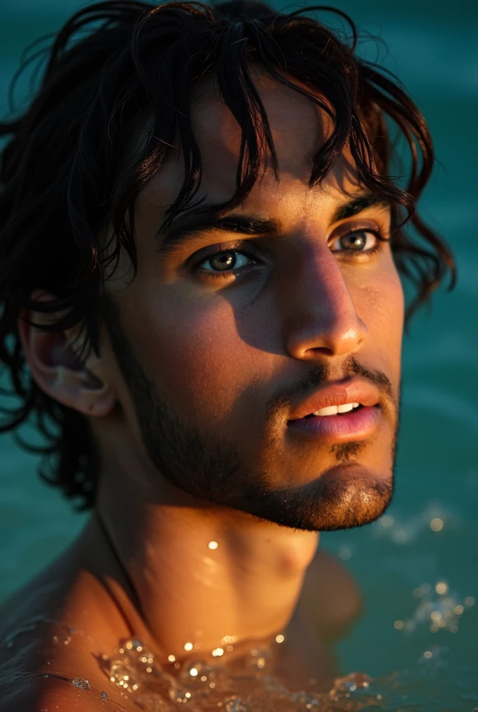 ultrahigh resolution, La mejor calidad, Cinematographer, 4k, (fotorrealista: 1.4), cinematic lighting, Handsome 30 year old man bathing in the river.............., barba, ojos verdes