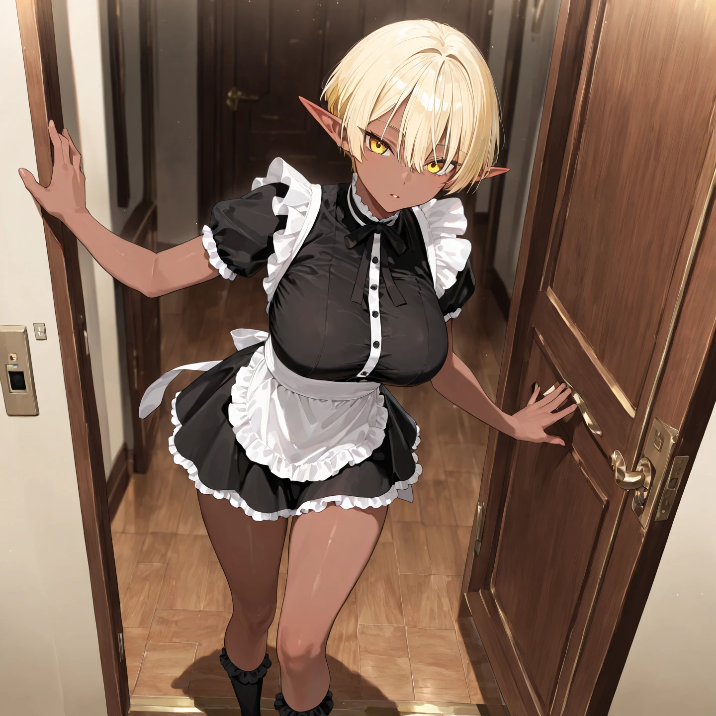 Adult elf girl, blonde hair, green eyes, small breasts, long legs, bikini armor, black leggings, white mini skirt, combat gloves
