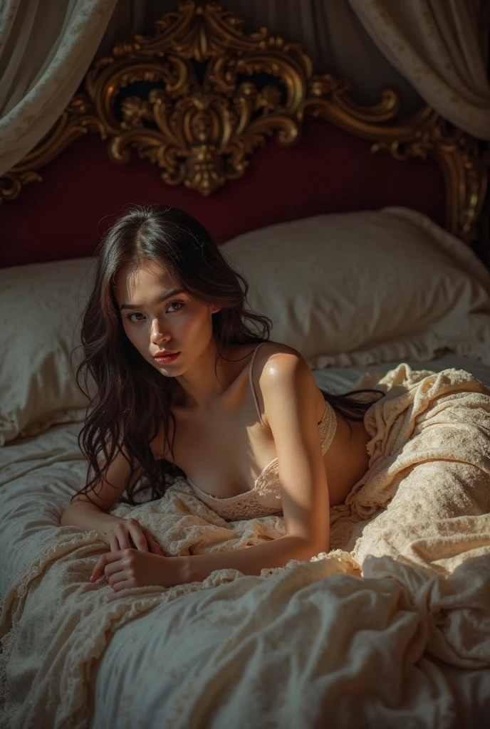 (Sepia color)1.3,(Umbilical center),(Lying in bed),half-open lips,(realistic)+, (official photo)1.3,(masterpiece)1.3,(french maid)1.3,(rose),bouquet,ornate, intricate,(solo girl),(sexy lace Corsets and garter belts)1.3,(skirt)1.3,(Choker)1.3,ethereal, soft clean focus, art by emil melmoth, gustave dore, craig mullins, yoji shinkawa, art germ, pete morbacher, david lynch, artstation, oft clean focus, realistic lighting and shading, (an extremely delicate and beautiful art)1.3, elegant, ,active angle,dynamism pose