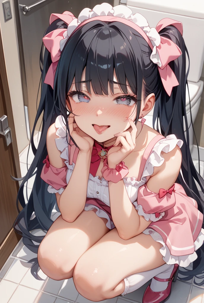 ((((Pussy pubic hair))))、((pull panties))、(8K、Highest image quality、highest quality、masterpiece)、detailed face、1 girl、black hair、medium hair、twintails、blunt bangs、pink eyes、evil smile、blush、earringoderate chest、((Pink ruffled clothing))、((black pleated skirt))、((miniskirt))、jirai kei attire、((bent over:1.2))、cowboy shot、((undressing))、((panty pull))、toilet background