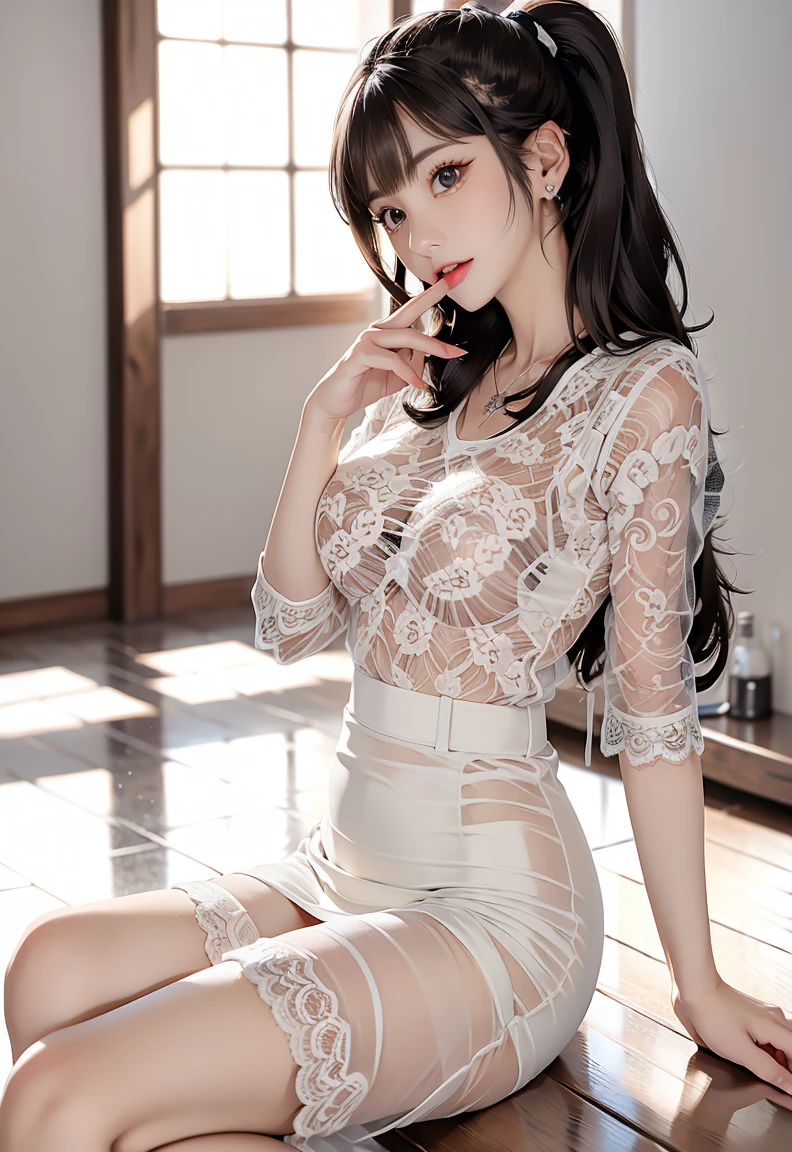 (High definition images), (character Boa Hancock), (((Red cheeks, An embarrassed expression)), The legs are very long, The legs are small and slender, ((White lace dress)), (Not a skirt and no pants), No shoes, (not wearing underwear), (no underwear), ((panties pulled down)), (no panties, Visible genitals), (Around the vagina and only the vagina is wet with a clear white syrup), Clear syrup leaks from the vaginaม (There is a lot of pubic hair), (full body image), The shirt came off and a little bit of my breasts were visible, In a restaurant.