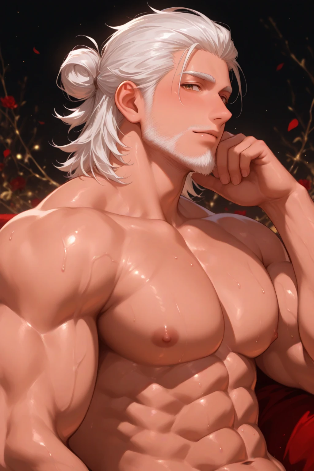 best quality, masterpiece, extremely detailed, extreme close up of muscular man with cute square face, wavy hair with curtain bangs, licks another man's stomach, only one nipple ring, saliva string, sexy, gay homoerotic, dark cinematic lighting, extremely dramatic shadows, romantic atmosphere, perfection, no watermark, no logo, no signature