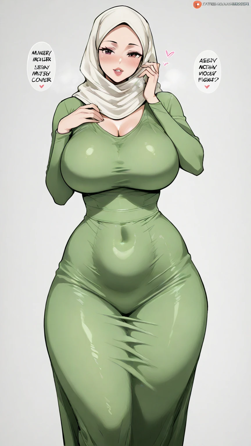 1 girl, wear black silk hijab, a green outfit, tight outfit, tight suit, thicc, dark green, tight attire, skinny waist and thick hips, full body green dress, open cleavage, barefoot, slutty make-up, polished red nails, standing in the middle of a giant door, posing for a picture, dramatic lighting