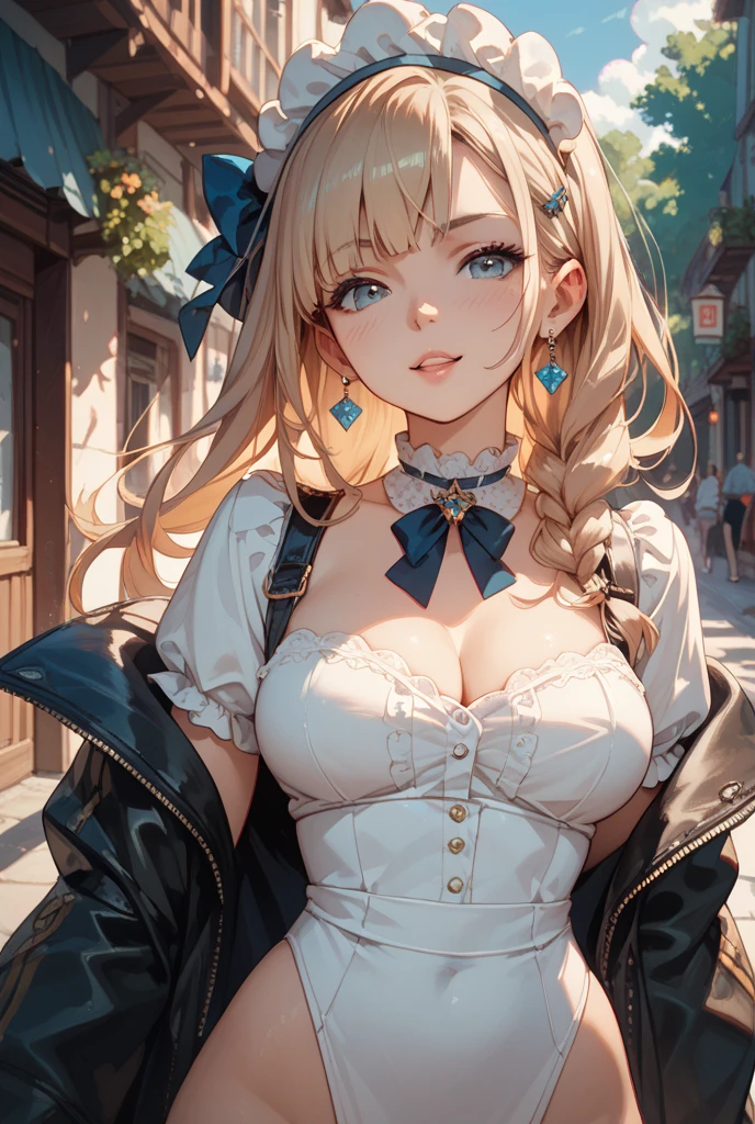 Starry Eyes, Looks even more beautiful than immortal, Ahoge, Star-shaped pupils, Amber Eyes, Colored contact lenses, blush, High detail,  Romanticism, Modern, Gothic art,  Cinema Lighting, Ray Tracing,  Sony FE GM, Ultra-high resolution, High detail, Highest quality, 8K, Mid-chest,  Breast, Twin tails,  Long jacket, ribbon, mystery,  snow, 