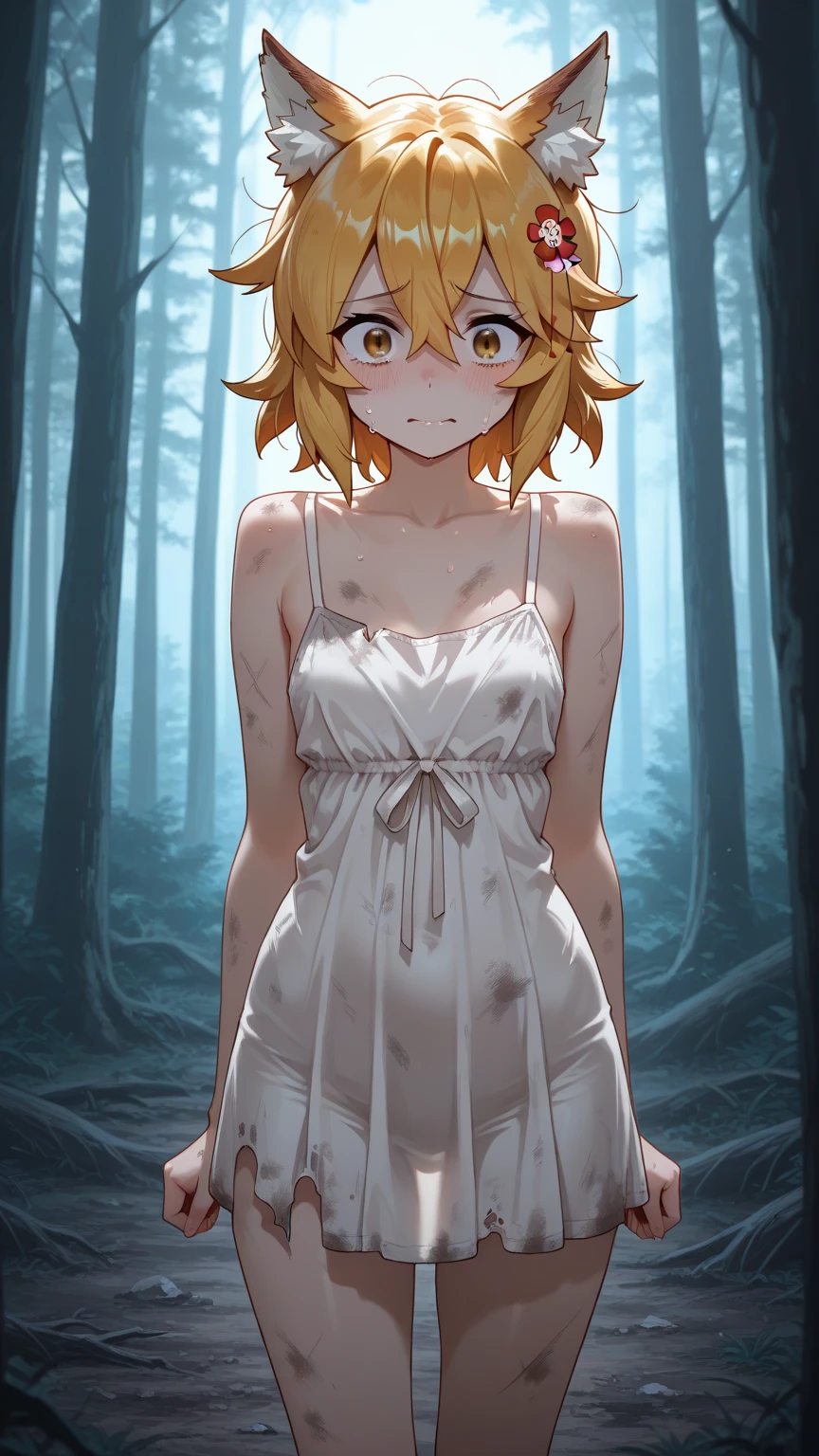(Masterpiece), Best Quality , ultra-detailed, 1girl (Gwendolyn_Tennyson, breasts, naked body, orange hair, short hair, green eyes), a surprised face, open mouth, nose blush, blush, solo, facing viewer, looking at viewer, sundress(see-through), forest, in the mountain cabin, night time, dark lighting, standing, come-on, arms up pose, wind, skirt lift, love juice flows out of her pussy