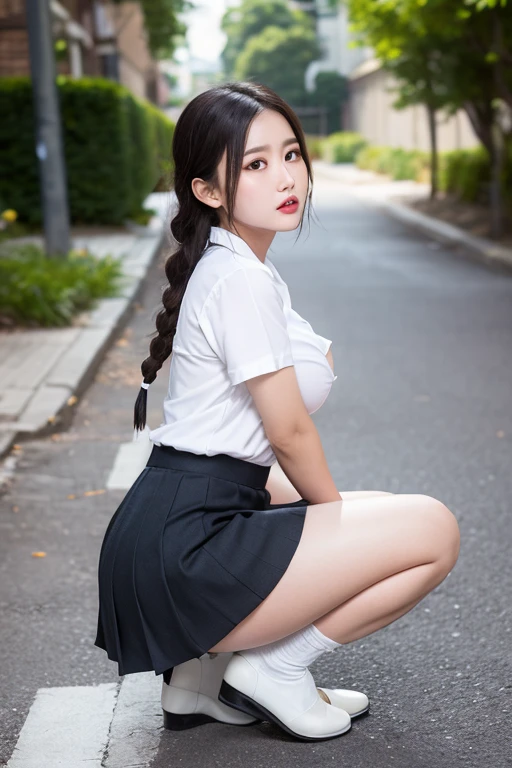 8k, RAW Photos, Highest quality, masterpiece:1.2), masterpiece, Highest quality, shape, Very detailed, Fine details, High resolution, 8k,wallpaper, Perfect dynamic composition,(High quality with attention to detail, Realistic depiction of eyes:1.3)、Hands tied、A woman tied up、Put your arms around my back、Squatting with legs apart on a forest path、White panties are visible、Look forward、21talent、beauty、Well-formed face、Even out the eyes、Beautiful black hair、Bangedium Build、Balanced proportions、Beautiful feet、Short sleeve blouse、Long skirt、Sad face、Beautiful views、