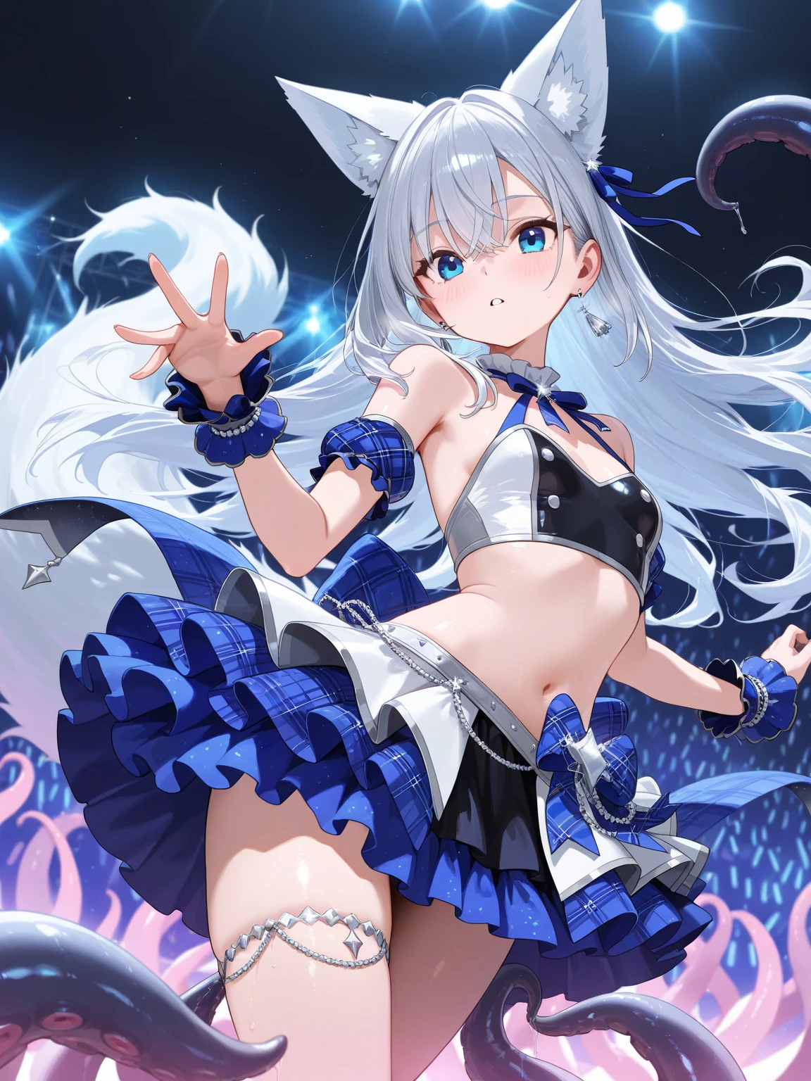 ((huge breasts、huge breasts、huge breasts、huge breasts、huge breasts、huge breasts、pointed chest、nice detailed nipples、Breasts that don't sag、naked)), beautiful breasts、(big breasts),Super detailed、(masterpiece, highest quality, official art:1.2), (flat color:1.5),(colorful),looking at the viewer,((1 girl)),alone, white background, floating colorful water,(2D:1.5)、(((Navel exposure,cleavage、ruffled pants、short hair,garter belt、choker、complain)))