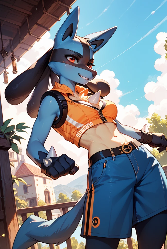 solo, (beautiful female:1.4), (nice shark girl),  ( fit, abs), busty, big erect breasts, erect nippleslips,  slim waist,  (black hair),  ( female shark | Lara Croft ), (((female))),  orange body scales, white belly,  (kemono:1.5), 
( khaki shorts ), lightblue crop top, ( two pistols-gans on hips ), wide belt, long braid, ( (red) round glasses :1.2), (red glasses), ( small backpack on her back:1.2), army boots, leather straps on hips and biceps,   e621, (female body),  slim sports body, 
 shark tail, cameltoe,  (body portrait), [slim swimsuit], sharp fangs, 
(detailed eyes, detailed pupils, yellow eyes, glowing eyes),
(outdoors),   ocean beach , night, (particles ,firefly, blue glowing), seeker of adventures,      ( on all fours, in water :1.4) , 
detailed background, photorealistic, realistic hands, 8k HD,
(dark shadows, wide dynamic range, hdr, low light:1.2),
by (by Pino Daeni, (by ruaidri), (by virtyalfobo), (by Kenket). by iskra, by darkgem