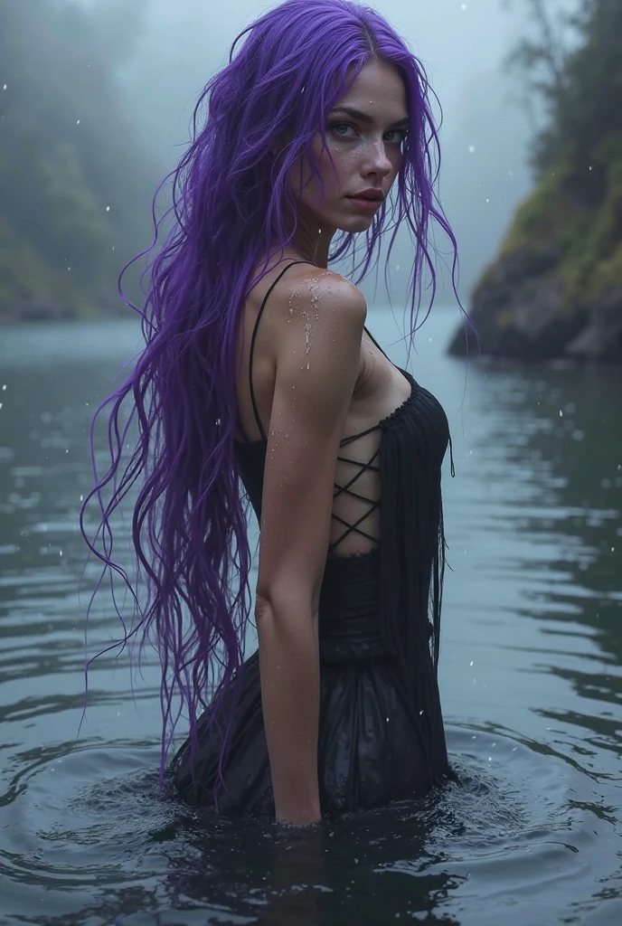 English woman 20 years old,skin fair,sparkling green eyes,dark purple hair,black greek dress goddess,coming out of the black sea,cinema image,品質,full body images,detailed,sobbing,make her with open arms,full body image,