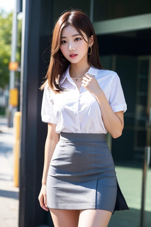 Girl taking photo in white dress shirt and skirt, arms behind back, full body, slim figure, smile, small bust, slim girl model, 24 year old female model,