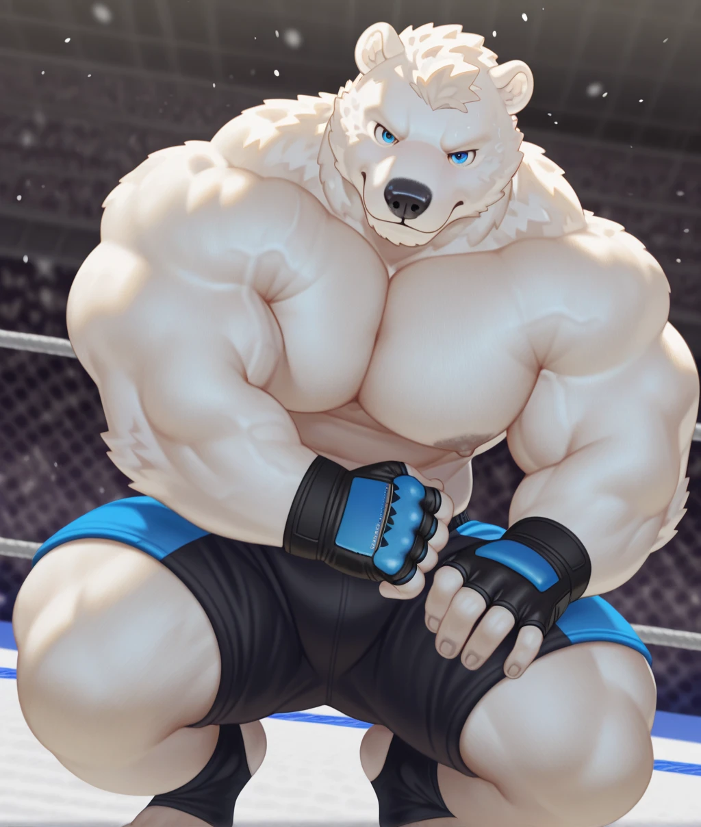 solo, 1boy, Huge Muscular White Polar Bear wearing glasses, huge white fur, pectoral, huge pectoral, wide pectoral, short white hair, blue colored short pants, blue colored wristbands and blue colored tank top, white bearded, white Mustache, white fur, ((really big muscle, massive muscular, sixpack, thick arms, wide pectoral, super huge muscle, hyper muscular, over sized muscle, huge arms, big arms, huge pectoral)), gymnasium background, masterpiece, high detailed, 8k, high resolution, at the gymnasium, flexes huge muscles, looking at the viewer, acting all sexy