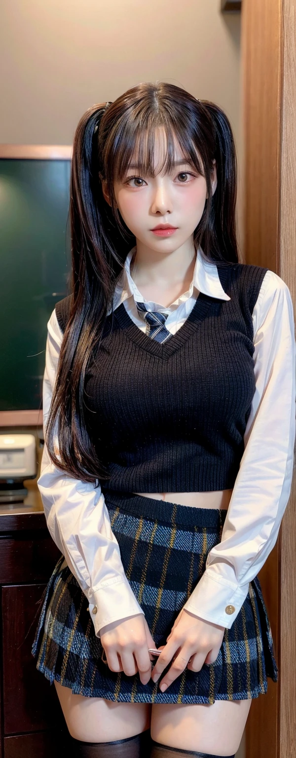 ((top-quality、in 8K、masterpiece:1.3, Photorealsitic:1.3, )), (((white ribbed panties:1.3, Inter-strands, twintails hairstyle))), Japan schoolgirl, 1 female, A dark-haired, With bangs, Undersized breasts, (Japan schoolgirl uniform, Dark blue socks, Thicker thighs, Open crotch), a baby face:1.2, with round face:1.1, Highly detailed facial and skin texture, A detailed eye, Detailed lips、Highly detailed hair depiction, Natural makeup:1.2, nose blush, From below, Slave Collar