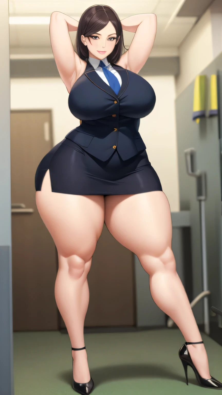 (masterpiece, best quality)1.2, very detailed, 4K, solo, 1 woman, (nurse, bimbo), long blonde hair, blue eyes, (massive breasts), huge butt, big full lips, white doctor uniform, white high heels, muscular woman, abs, front view