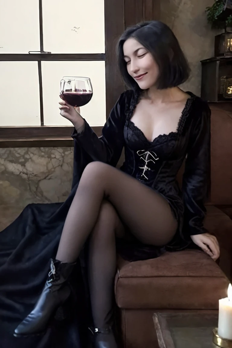 (top quality picture: 4K, 8K, best resolution, work of art: 1.1), A plus size woman ((black hair tied in a high ponytail, plus size model, shiny brown eyes, Red lips)) is wearing ((a black and red princess dress with a high-waisted petticoat, a high-heeled boot with a pointed toe, holding a book in one hand and a glass of wine in the other)). The configuration is ((a cozy, dimly lit room with plush red armchairs and a roaring fireplace in the background)). The woman is sitting ((in a soft red armchair with a peaceful expression on his face, flegs