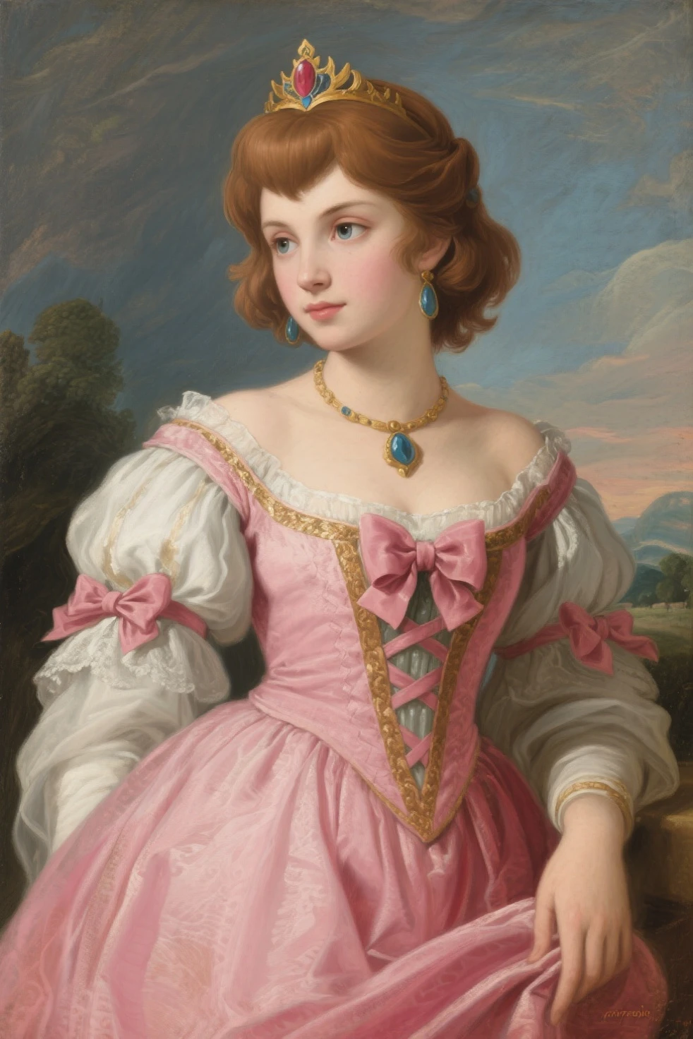 (1woman), medieval dress, princess, 19 century, old clothes, aristocratic, painting, siting at the molbert, long hair, simple face, ribbon, light smile, rococo style, Art Nouveau, high details, HD