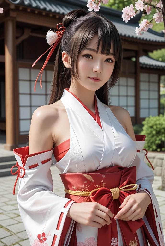 (master piece、Highest image quality、Raw photo、realistically)、Courtesan woman wearing Japanese clothes、Take care of the gorgeous atmosphere、detailed face、detailed limbs、Dynamic angle of view、ponytail hair、big breasts、thighs、whole body