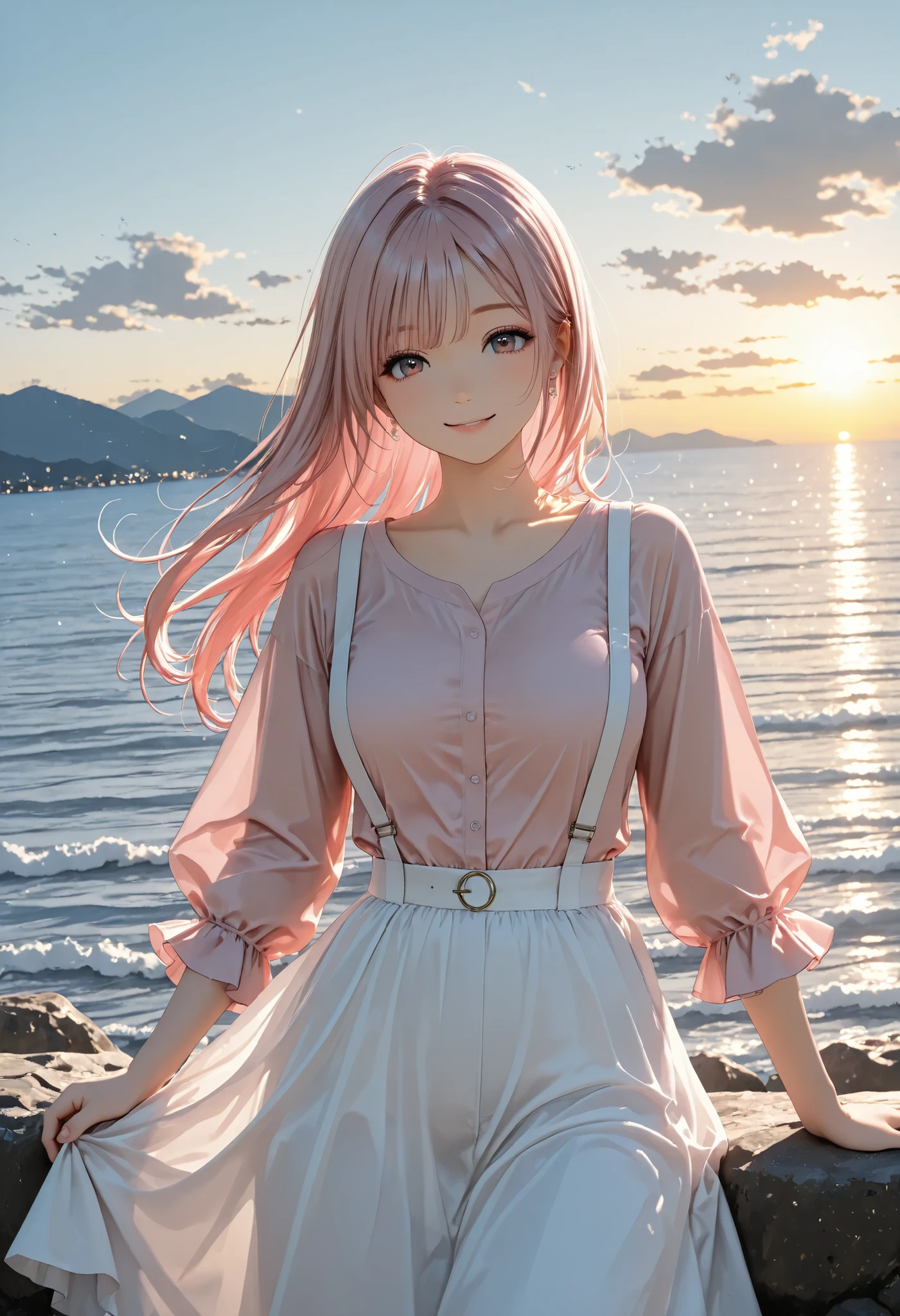 panorama,long hair,pink hair, model, pink shirt, white suspenders ,white skirt,clear makeup, mountain top,ocean,sunny, smile