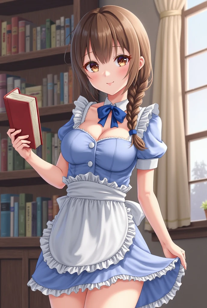 (minigirl on a table standing up below the breasts and face of a giantess girl: 1.3), (minigirl standing rear end on a table looking up at a giantess: 1.1) closeup breasts and face, (from below view: 1.2), (medium sized breasts), cleavage, (indoors: 1.1), (2girls: 1.5), (height difference: 1.9), (size difference: 1.3), (cute adult woman: 1.3), (cute girl with girly dress frills: 1.1), (fantasy set in medieval era: 1.1), cute dress, books, teddy bear, toys, weapons, robe, light, (long distance photo: 1.1), (foreshortening table: 1.1), bent over, (long distance: 1.2), (far away: 1.2)