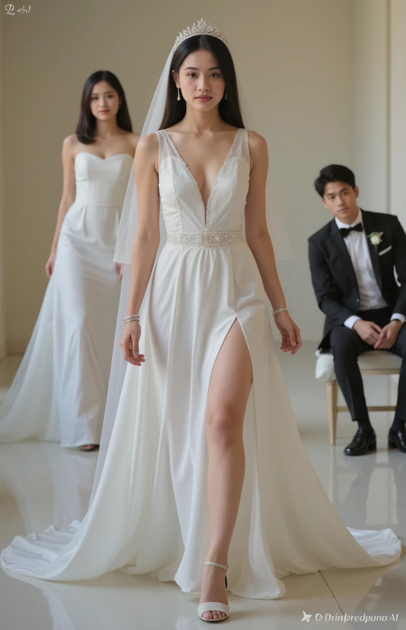 1 girl. high school, open chest. medium hair. deep v-cut chest down to the belly. topless. midriff. tight. wedding shoes. deep v-cut bottom reveal sexy things. lace wedding dress. princess tiara and veil. medium hair, long large expanded veil. bracelets. deep v-cut thigh. deep v cut dress. deep v cut legs. right side hair. wedding accessories. long earrings. beautiful faces. expanded large white veil. sexy formal guest sitting in background. open legs apart. short hair. glamour. grandeur gown. walking pose. minimalist heels. open chest