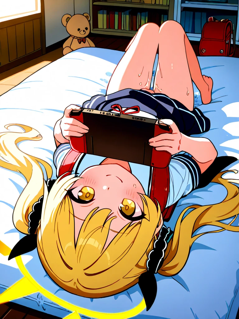 girl lying down, salmon hair, orange eyes, orange clothes, sexy, in panties and looking at her cell phone