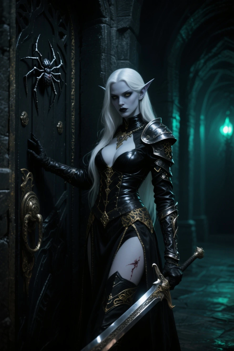 Draven Nightshade to reflect her identity as a curly-haired dark elf woman • Graceful height: Draven is a typical height for an elf., sendo alta e esbelta. His posture is upright and elegant, Exuding confidence and grace.
• Ebony skin: Your skin is deeply pigmented, like polished ebony, radiant in the sunlight. It exudes natural beauty and an aura of mystery..
• Night hair: Her hair is long and lush with curls, formando cachos densos e definidos que caem em cascata sobre seus ombros. It's as black as the darkest night.
• Glowing eyes: Draven's eyes are deep and expressive, in an amber or dark brown tone that glows brightly when it reflects light.
• Dark costumes: She dresses with elegance and sophistication, generally opting for clothes in dark tones that enhance your natural beauty and your connection with the shadows. His black cloak is adorned with silver or purple details., highlighting your presence in any environment.
• Funny gestures: