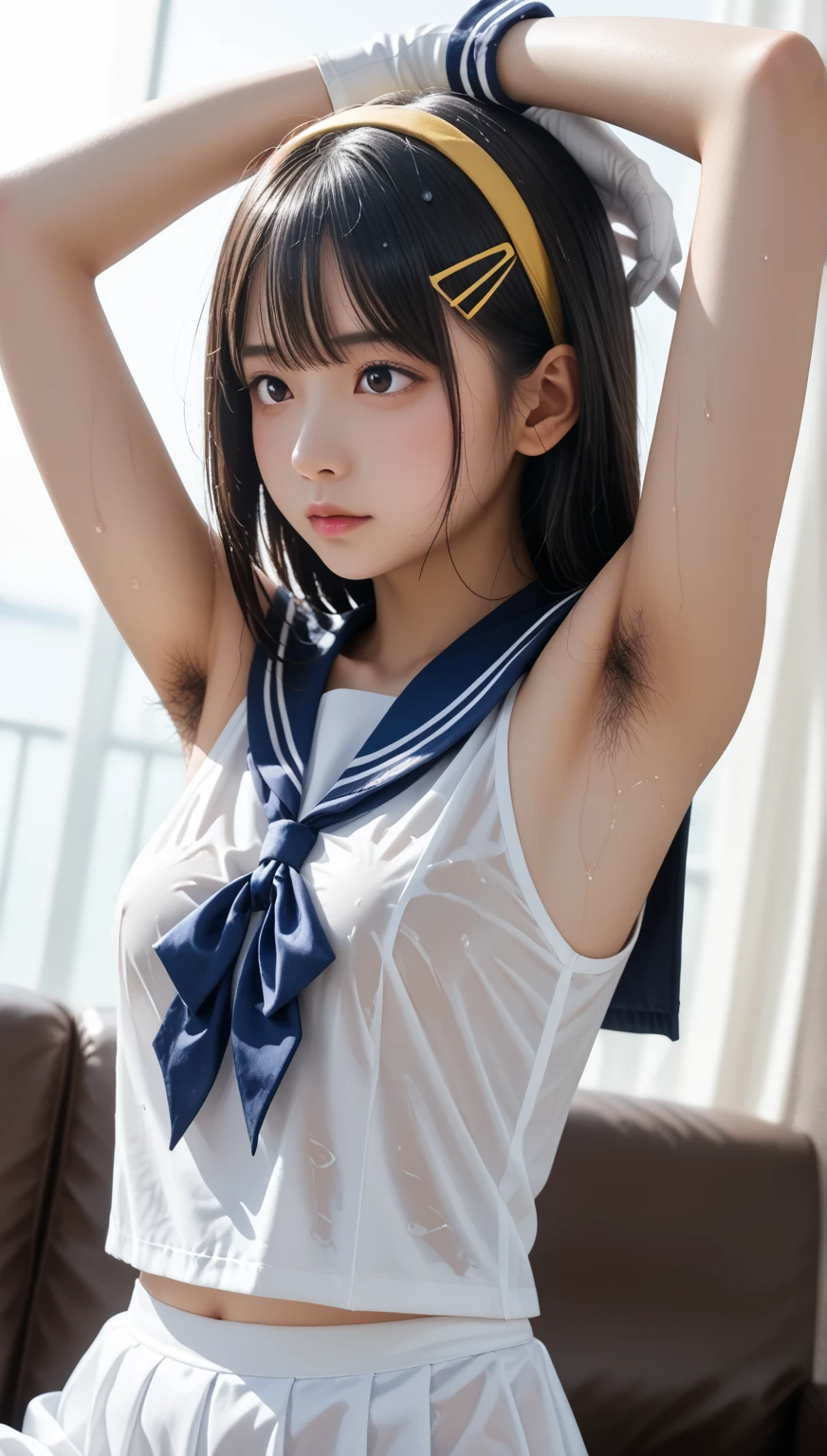 (masterpiece:1.2), highest quality, high resolution, realistic, rabbit ears, black rabbit ears, fake rabbit ears, pantyhose, black pantyhose,bowtie, wrist cuffs, black leotard, (8k, RAW photo, best quality, masterpiece:1.2), (realistic, photo-realistic:1.4), (extremely detailed 8k wallpaper), Photo of a beautiful Japanese idol 12 years old woman., (((Very small breasts))), ((Baby Face)), (((sweaty armpits))), Armpit depression, ((((Dimpled Armpits)))), ((((Deeply wrinkled armpits))))