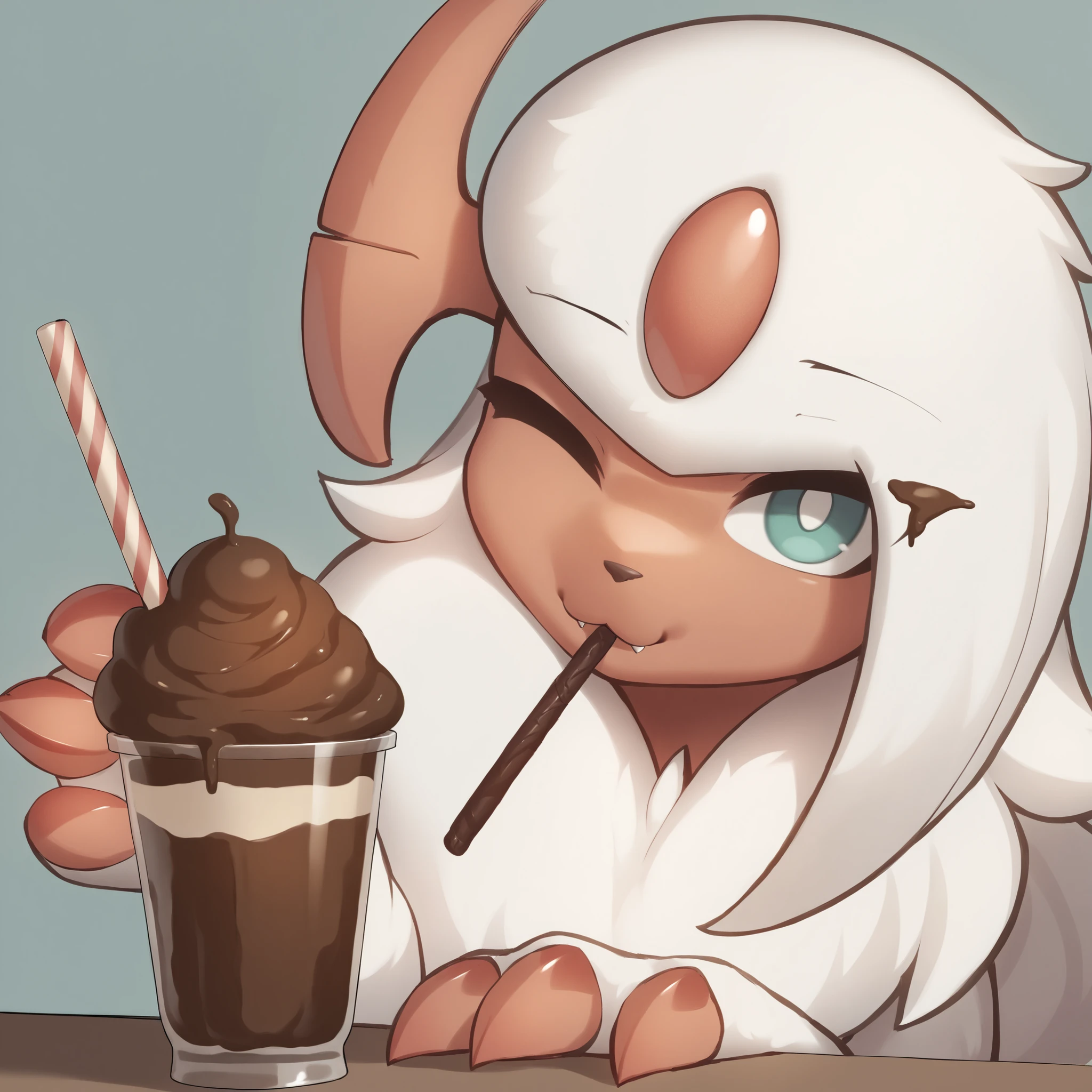 (((Chocolate stick)))), (alta qualidade, high resolution, obra-prima), Pokémon (criatura), Absol shiny///macho, light red tail, pearl on the forehead light red, White body hair, olhos verde-claro, pupilas brancas, light red facial skin, light red claws, light red horns, lots of white fur on the ///, sozinho, drinking chocolate milkshake, feliz, do autor: Zinfyu